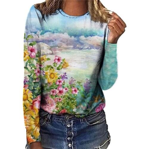 2021 Autumn Flower Printed Womens T Shirt Women Long Sleeve Female Tops Elegant Casual Harajuku Fashion Cotton Lady Clothing