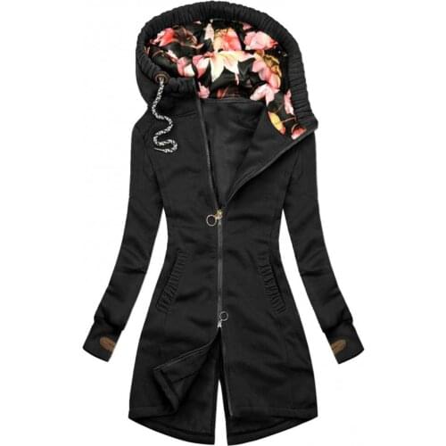 Autumn Winter Women Long Sleeve Coat Zip Irregular Floral Print Hood Jacket