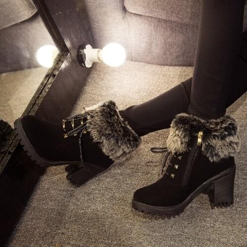 Women Winter Shoes Square Heel Classic Buckle Warm Fur Snow Ladies High Heels Black Platform Ankle Boots Women Botas W22-22