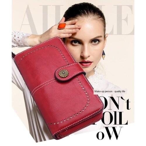 Retro Oil Wax Skin Leather Womens Long Wallet Hollow Out Buckle Wallets Credit Card Clutch Purse Card Bag Luxury Clutch Purses