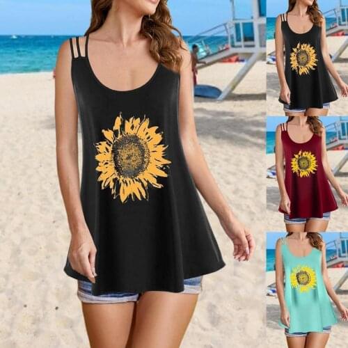 2021 Womens Vest Womens Cute Sunflower Vest Casual Sleeveless Top T-shirt Cross Loose Vest Top