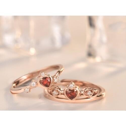 925 Sterling Silver Plated 14K Gold Shiny Red Heart Crown Princess Wedding Engagement Zircon Ring Jewelry for Women Gift New