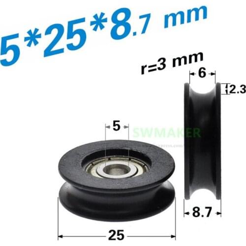 1pcs 5*25*8.7mm U groove concave wheel, door and window track pulley, 625 bearing plastic wheel, R3 guide wheel / crane wheel