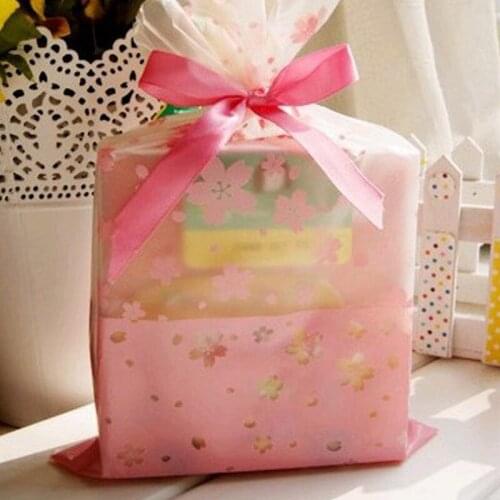 100pcs/lot Clear Pink Cherry Blossoms Printed Gift Bag DIY Candy Cookie Biscuit Small Plastic Packing Bags For Wedding Party