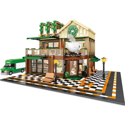 2059PCS SEMBO Blocks Beautiful Coffee Shop Model Plastic Building Bricks Street View City Mini Store Toys for Children Gift