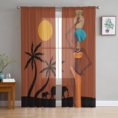 African Women Sunset Landscape Elephant Voile Tulle Sheer Curtains for Bedroom Living Room Kitchen Decor Chiffon Windows Curtain