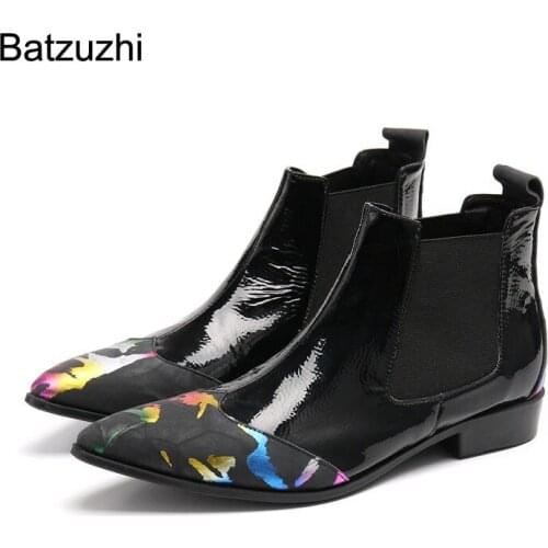 Batzuzhi Pointed Toe Black White Soft Leather Ankle Boots Men New Design Mens Shoes Slip on Fashion Motorcycle Botas Hombre