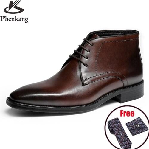 Men winter Boots Genuine cow leather chelsea boots brogue casual ankle flat shoes Comfortable quality lace up dress boots