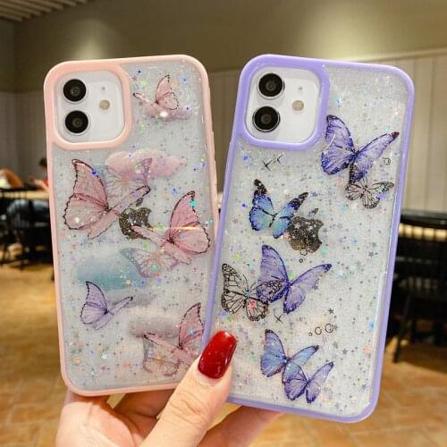 Ottwn Glitter Butterfly Phone Case For iPhone 11 12 Pro Max Mini X XR XS Max 7 8 Plus SE 2020 Transparent Soft TPU Back Cover