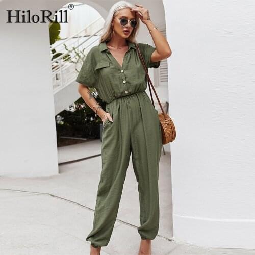 HiloRill Solid Casual Bodysuit Women Fashion Turn Down Collar Short Sleeve Jumpsuit 2021 Holiday Elastic Waist Ladeis Overalls