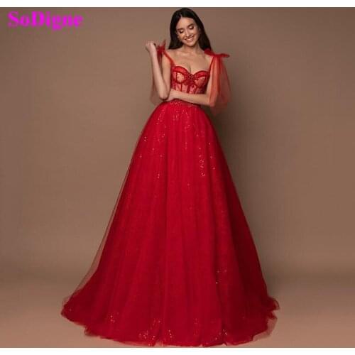 SoDigne Princess A Line Long Prom Dresses Shiny Spaghetti Straps Tulle Corset Evening Gowns Floor Length Formal Party Dress
