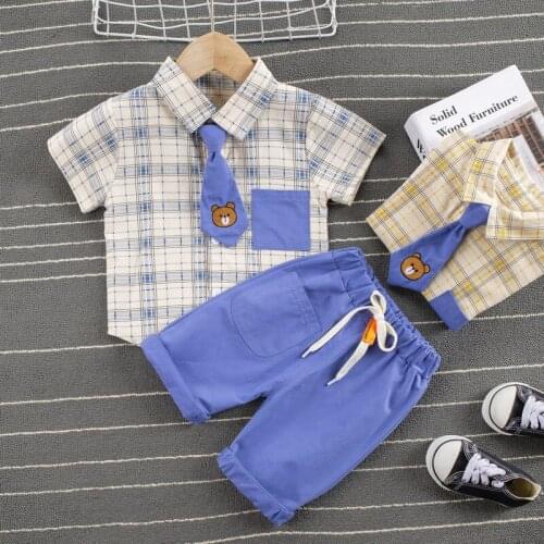 2021 Boys Girls Summer Clothing Sets Infant Baby Boys Clothes Set Plaid Tie T-shirt Tops+Shorts Kids Outfits