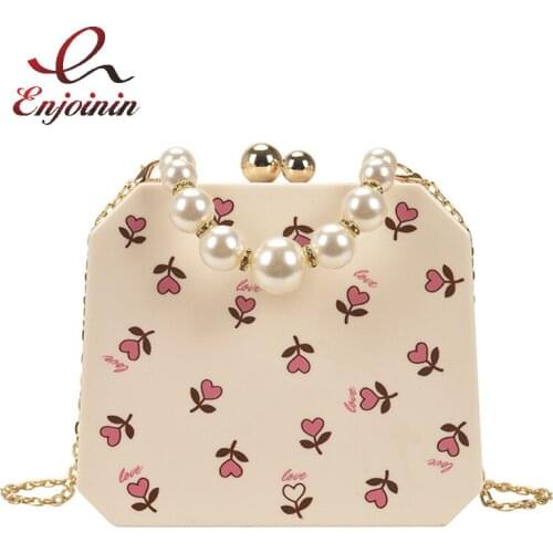 Cute Flower Pattern Box Ladies Handbag Fashion Acrylic Purse for Women Pearl Wristband Party Clutch Chian Shoulder Bag Wedding