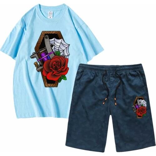 Mens Set sportswear Shorts casual Short sleeved sets Tattoo rose cotton T Shirts O Neck short sleeve tees wholesale men clothes