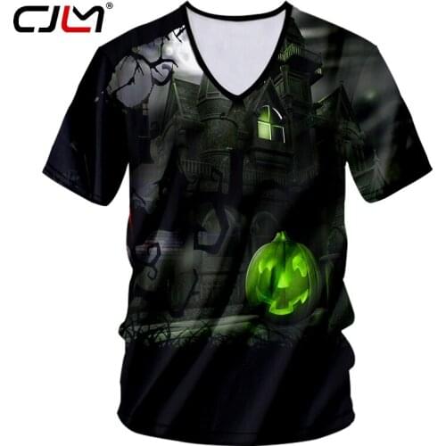 CJLM New Halloween Big Size Fashion Brand Mens Tee Shirt 3D Printed Pumpkin Castle V Neck Tshirt Suppliers Man Clothing