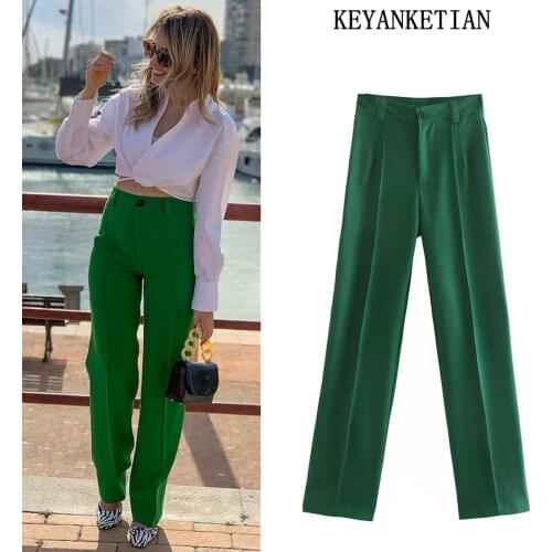 KEYANKETIAN za Autumn New Elegant Green Pants Office Lady High Waist Straight Pants Ladies Chic Casual Suit Pants Pocket 2021