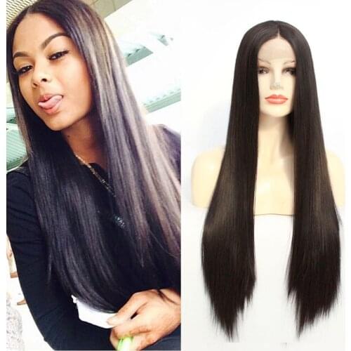 Long Natural Looking Silky Straight Hair Heat Resistant Japan Fiber Black Color Hair Glueless Semi Soft Synthetic Lace Front Wig