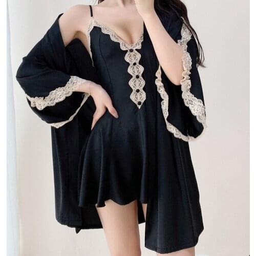 Sexy Twinset Robe Set Women Summer Sleepwear With Lace&Buttons Suspender Nightgown Two Pieces Suit V-Neck Intimate Lingerie