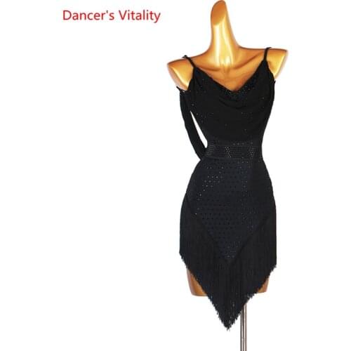 Latin Dance Dress V-Neck Sling Tassel Skirt Performance Clothes Profession Custom Adult Child Diamond Competition Clothing