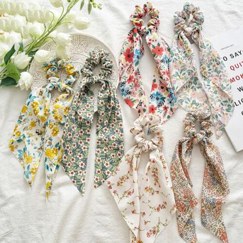 Korean Bow Long Ribbon Hair Scrunchie Chiffon Floral Print Sweet Elastic Hair Band Ponytail Hair Scarf Hair Tie Hair Accessories