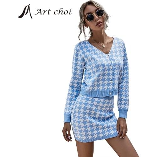 Luxupious Knitted Sweater and Dress Skirt Two Piece Set Women Spring Autumn Slim V-Neck Tops Houndstooth 2 Piece Sets Outfits