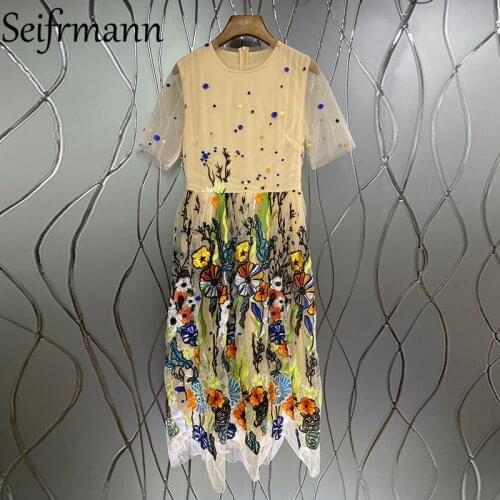 Seifrmann New 2021 Summer Women Fashion Designer Party Long Dress Half Sleeve Gorgeous Embroidery Elegant Printed Mesh Dresses