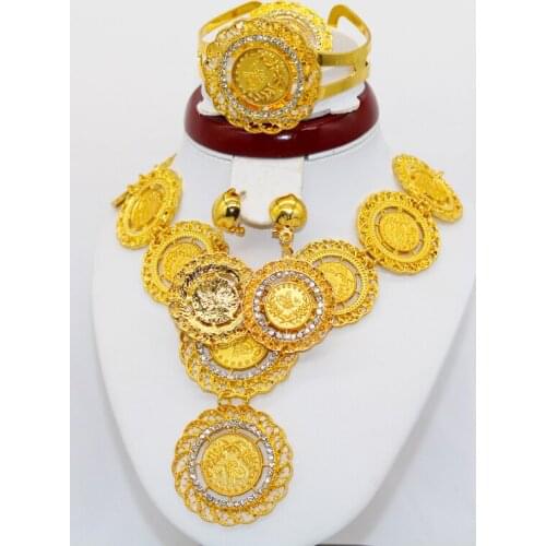 Conjuntos de joias etíopes africanas 24k ouro para mulheres presentes de casamento dubai noiva colar brincos anel conjunto colar