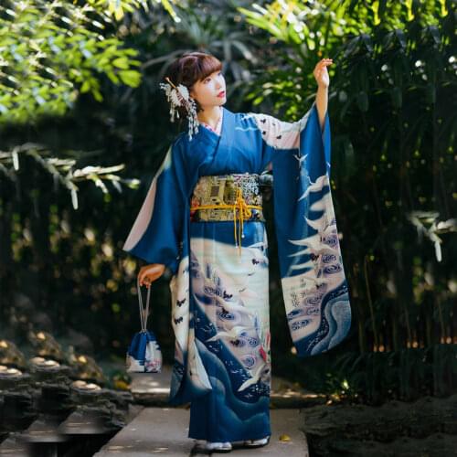 Japanese traditional kimono with belt female haori yukata geisha cosplay costume obi Women Wave print kimono evening dress D9012