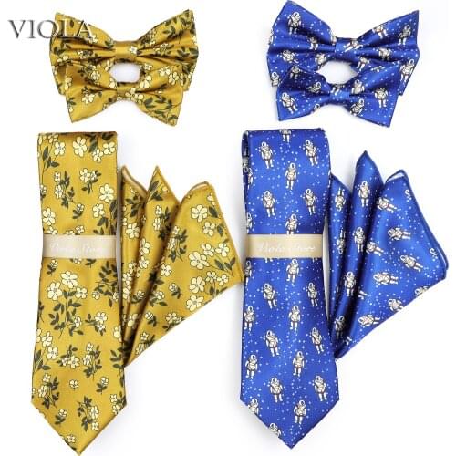 Spaceman Cartoon Design Floral 8cm Necktie Set Top Polyester Fun Men Kids Bowtie Pocket Square Party Gift Cravat Shirt Accessory