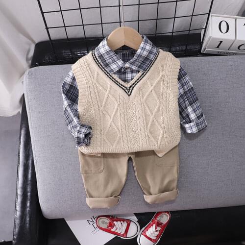 Spring Fashion Kids Cotton Clothes Baby Boys Girls Sweater Vest Plaid Shirts Pants 3Pcs/sets Pocket Children Toddler Tracksuits