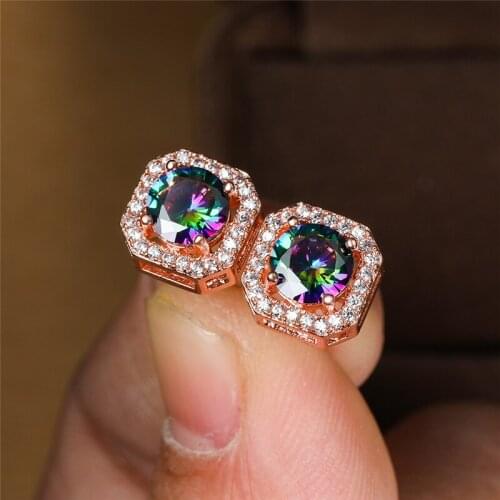 Mystic Rainbow Zircon Square Stud Earrings For Women Vintage Fashion Charm Multicolor Stone Gold/Rose Gold/Silver Color Earrings
