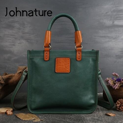 Johnature 2021 New Genuine Leather Luxury Handbags Women Bags Designer Vintage Nature Cowhide Casual Tote Female Shoulder Bags