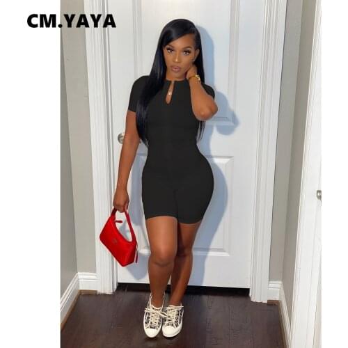 CM.YAYA Women Playsuit Solid Short Sleeve Zipper Stand Collar Sheath Elastic Above Knee Length Playsuits Casual Outfit Summer