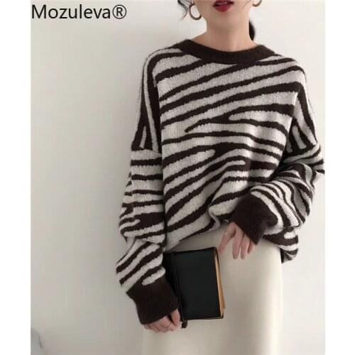 Mozuleva Oversized Sweater Women Harajuku Loose Pullovers Ladies Soft Striped Zebra Batwing Sleeve Chic Korean Tops 2021 Autumn