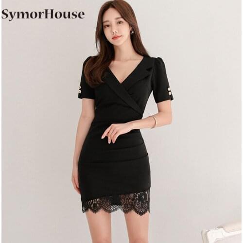 Black Elegant Office Dress 2021 Summer Sexy V-Neck High Waist Slim Decorative Lace Hem Fashion Party Womens Dresses Autumn