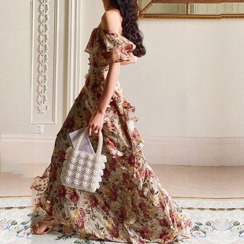 French Elegant Vintage Dress Women Floral Floor-Length Beach Dress 2021 Summer Wedding Party Long Dress