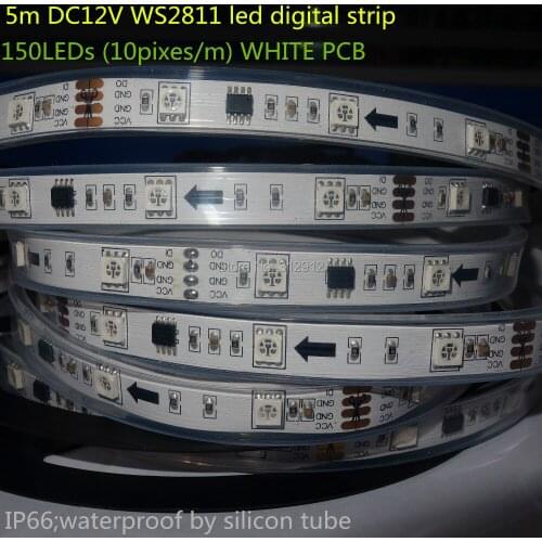5m DC12V WS2811 150LEDs (10pixes/m) WHITE PCB led digital strip;IP66;waterproof in silicon tube