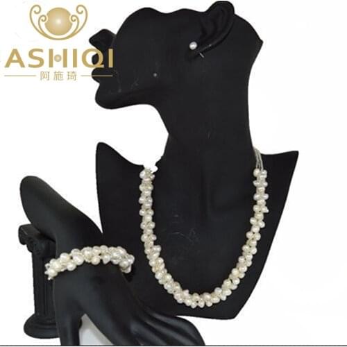 ASHIQI 100% Freshwater pearl Necklace bracelet 925 Silver stud Earring Jewelry Sets For Women