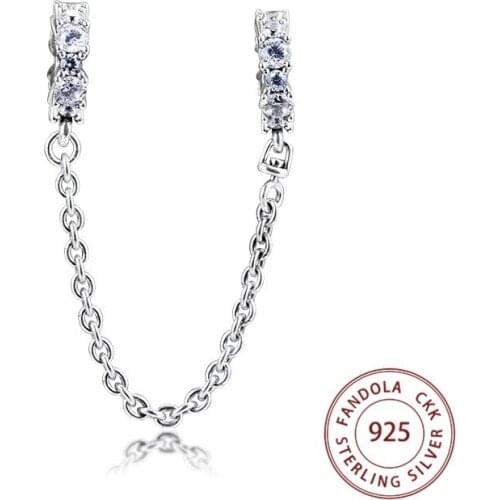 Authentic 925 Sterling Silver Clear Sparkling Safety Chain Charms Fits Original Bracelet Women DIY Beads Jewelry Making Kralen