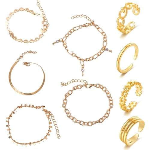 9PCS/set Gold Color Simple Chain Anklets for Women Girl Beach Foot Jewelry Set Toe Rings Ankle Bracelets Women Finger Rings