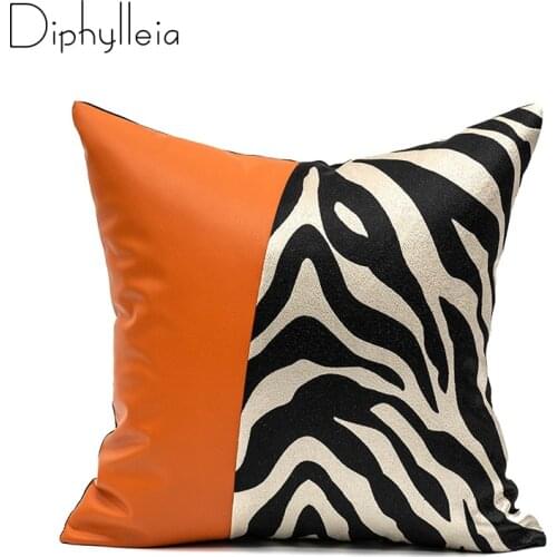 Diphylleia Light Luxury Zebra Pattern PU Leather Splicing Sofa Cushion Pillow Cover Designer Backrest Pillow Cover Orange Color