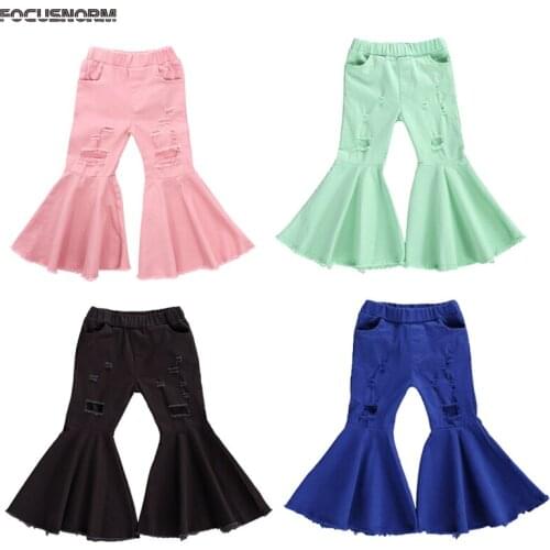 FOCUSNORM Autumn Fashion Baby Girls Jeans Pants 2-7Y Solid Hole Long Elastic High Waist Flare Pants 4 Colors