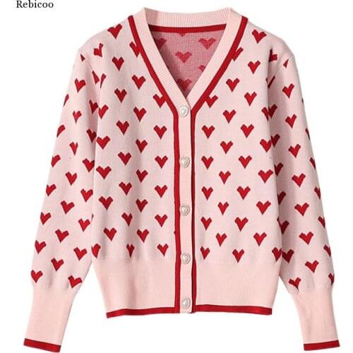 Autumn Knitted Cardigan Women Pink Japan Style Patchwork Outwear Kawaii Sweater Sweet Love Heart V-Neck Warm Color Jumpers