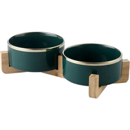Ceramic Dogs Food Bowl With Wood Stand Elevated Cat Pet Feeding And Water Feeder For Dog Puppy Accessories Product Supplies#P004
