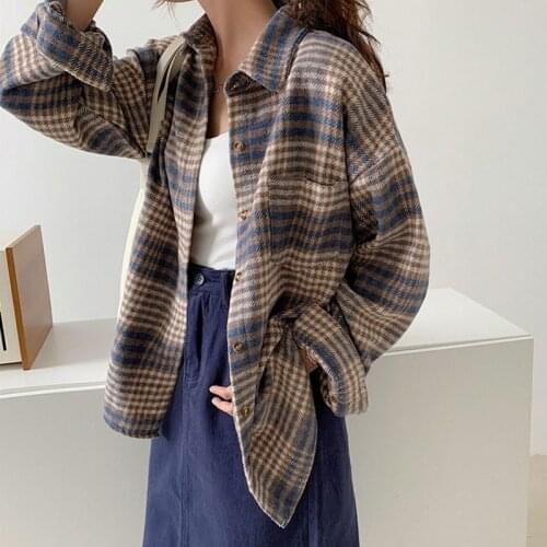 HOUZHOU Plaid Shirt Women Vintage Harajuku Brown Top Oversize Long Sleeve Outerwear Button Up Blouse Basic Spring Jackets 2021