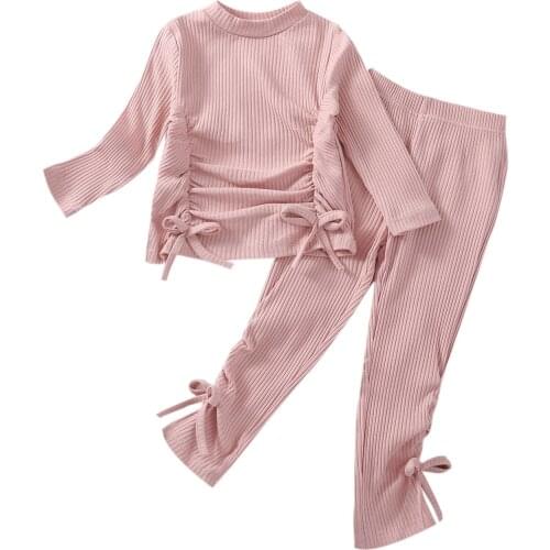 2-6Years Girl’s T-shirt and Trousers Suit Fashion Solid Color Drawstring Long Sleeve Tops and Long Pants