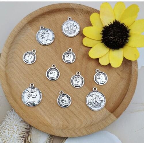10pcs Earrings Findings Round Coins Queens Heads Charms Fit Jewelry Making Retro Zinc Alloy Small Double Side Coin Pendants