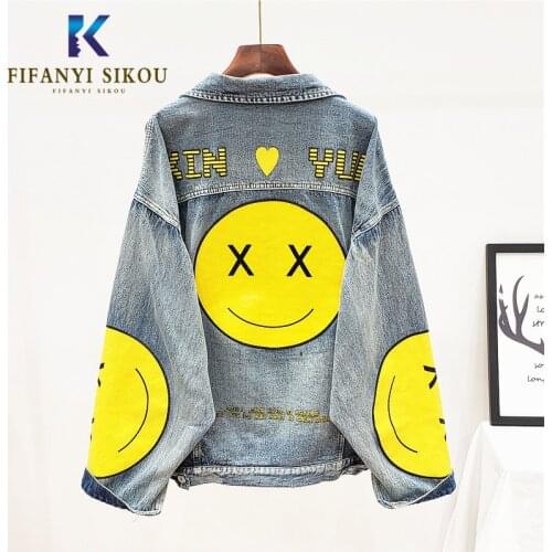 2019 New Autumn Women Hip hop Denim Jacket Fashion Print Long sleeve Jackets Coat Loose Vintage Jeans Jacket Women Streetwear