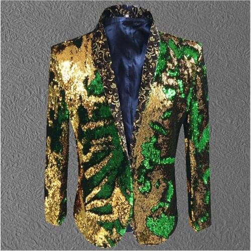 2020 Men New Jacket Men Sequin Gold Green Blazer Suit Coat Male Costume Prom Wedding Groom Outfit Singer Black Party Stage