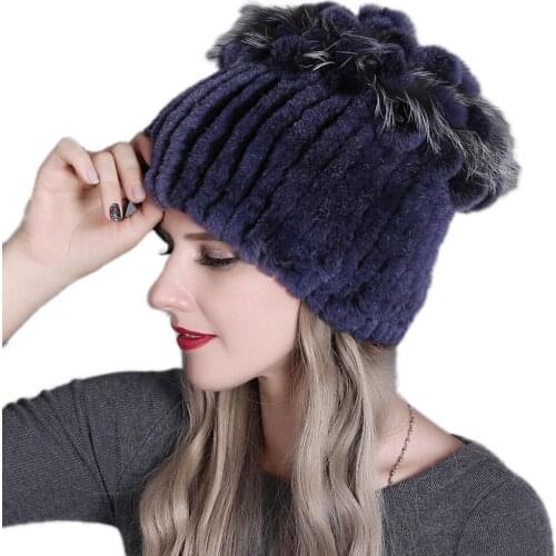 Real Rex Rabbit Fur Hat For Women Natural Silver Fox Fur Beanie Caps Female Winter Warm Earmuffs Headgear Hand-Woven Thick